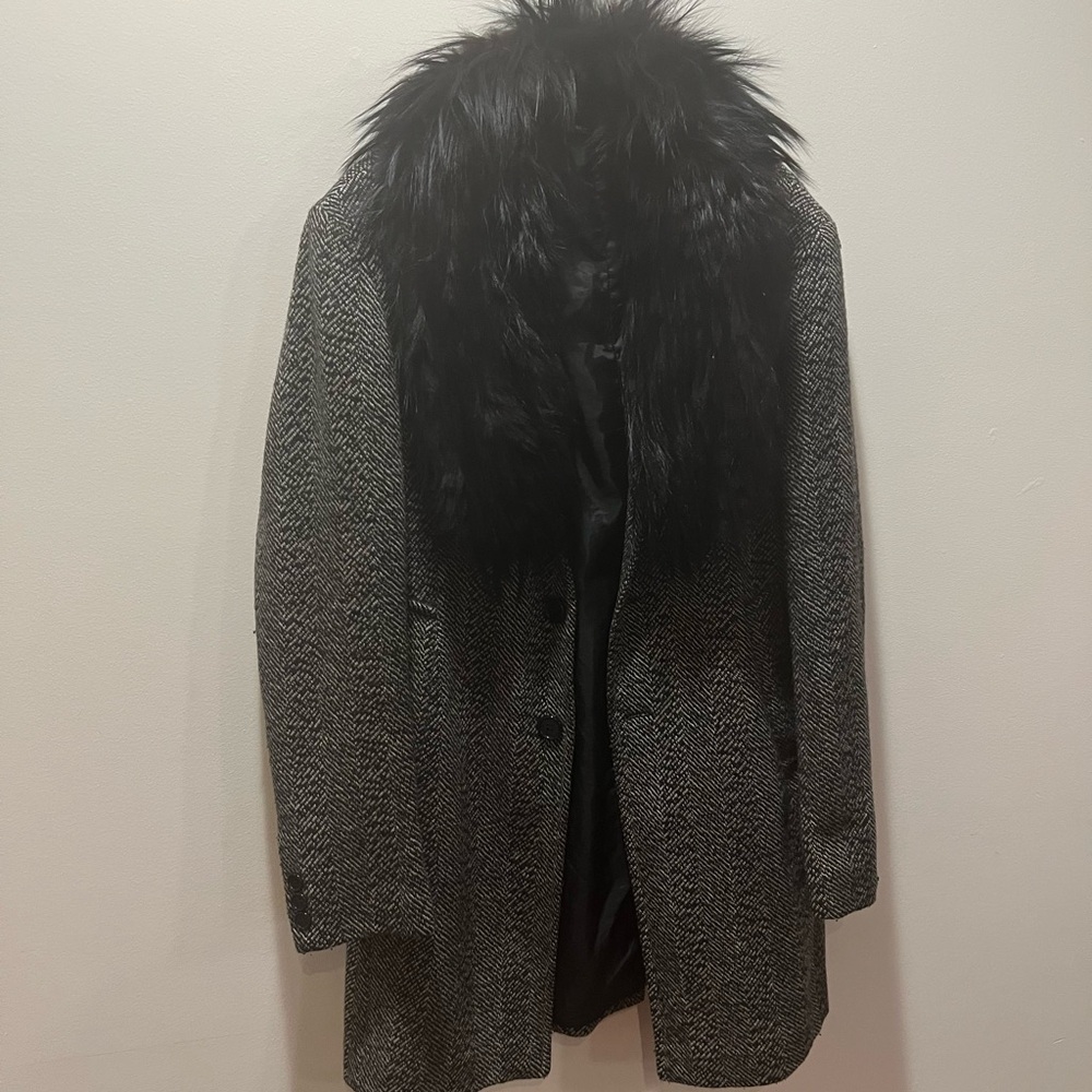 3 quarter fox fur collar houndstooth trench Sz large made in Italy